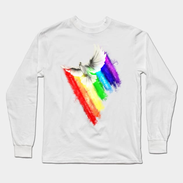 Happy Pidgeon Flying Over an even more Happy Rainbow Long Sleeve T-Shirt by AtomicBanana